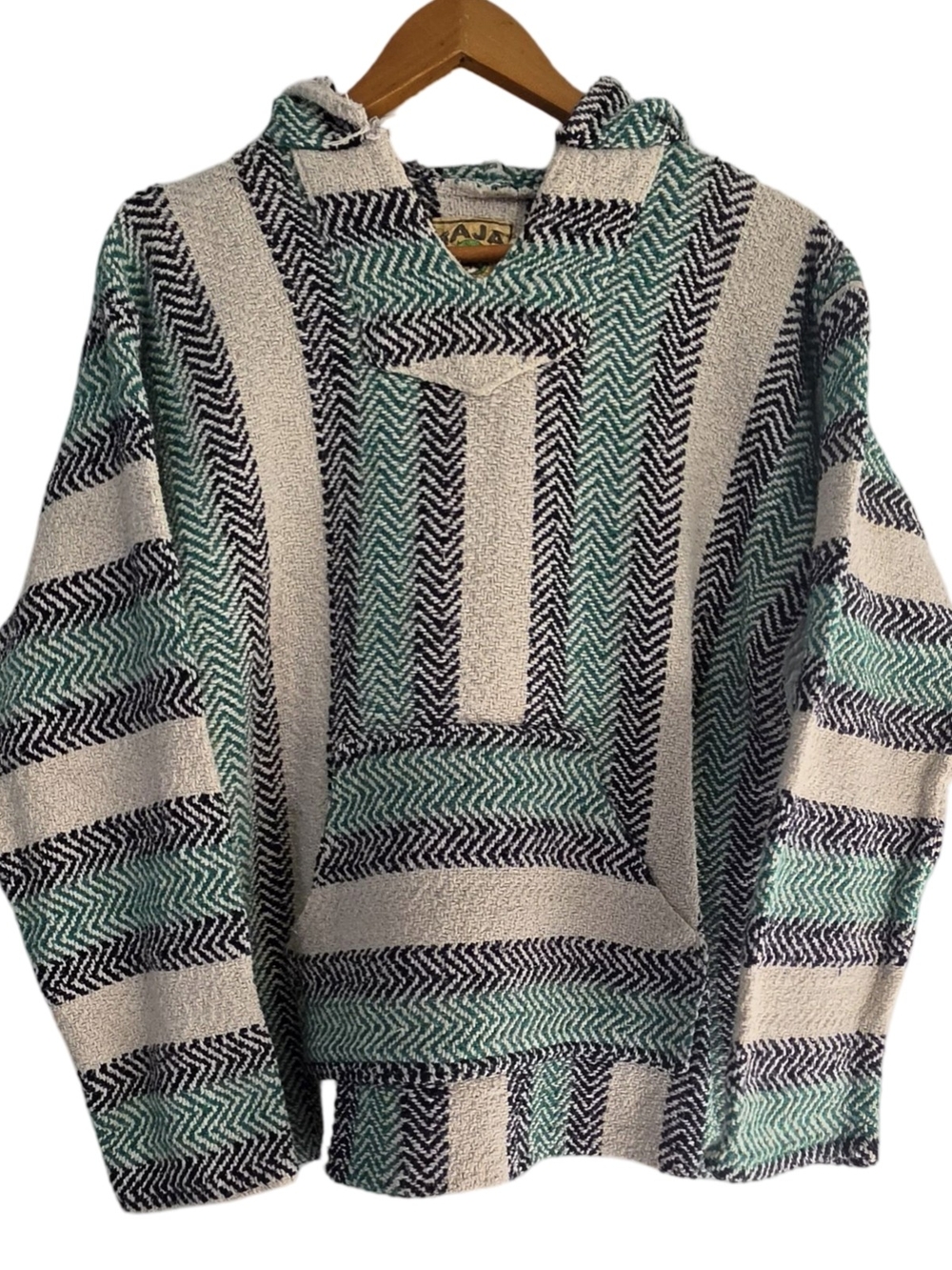 Baja Joe Mexican Baja Hoodie Drug Rug Green and Beige Striped Woven Pullover L